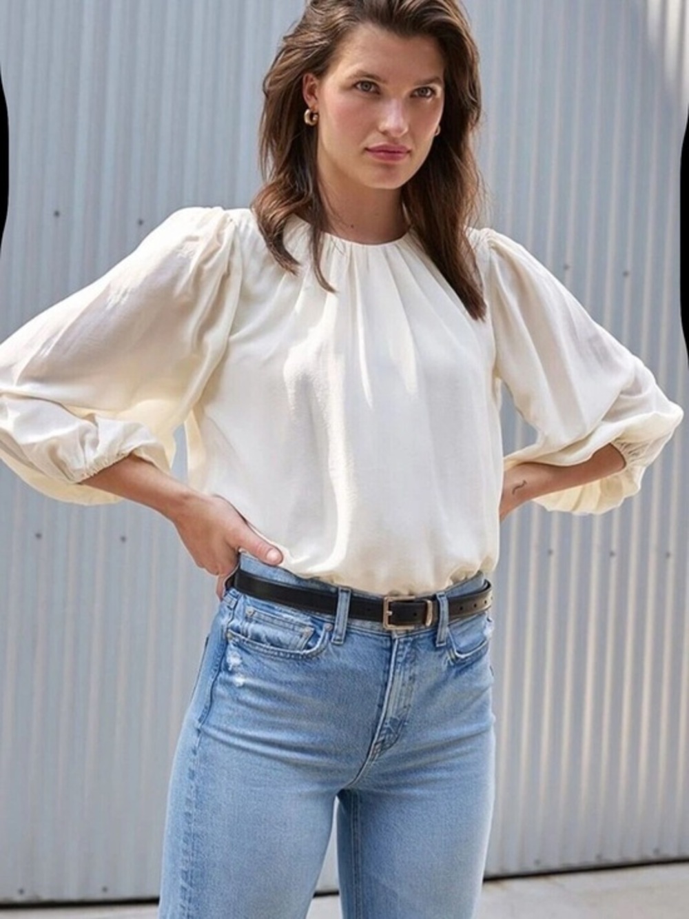 AYR “The Fancytown” Silk Cream Puff Sleeve Women's Blouse, Size XS.